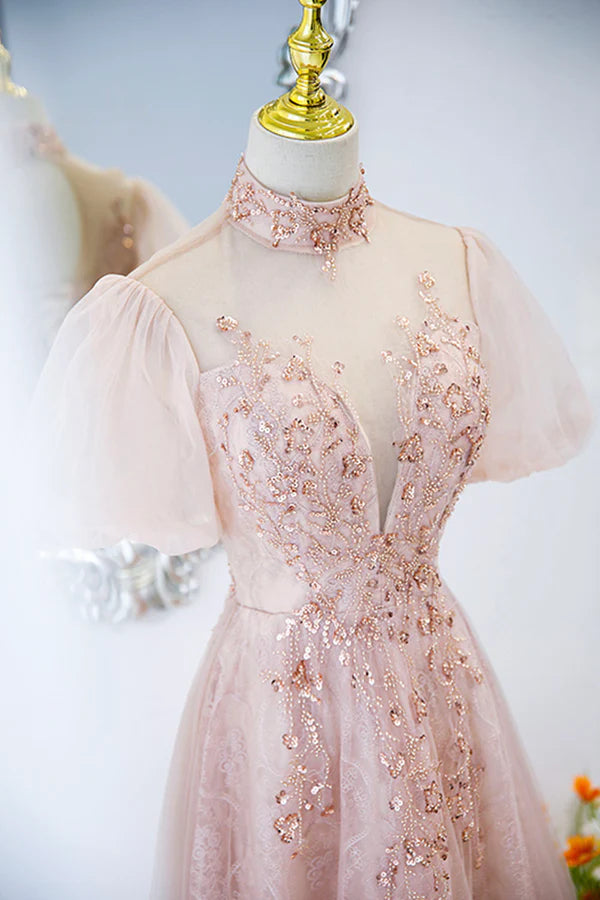 Wholesale Pink Tulle Long A-Line Prom Dress Pink Short Sleeve Evening Party Dress